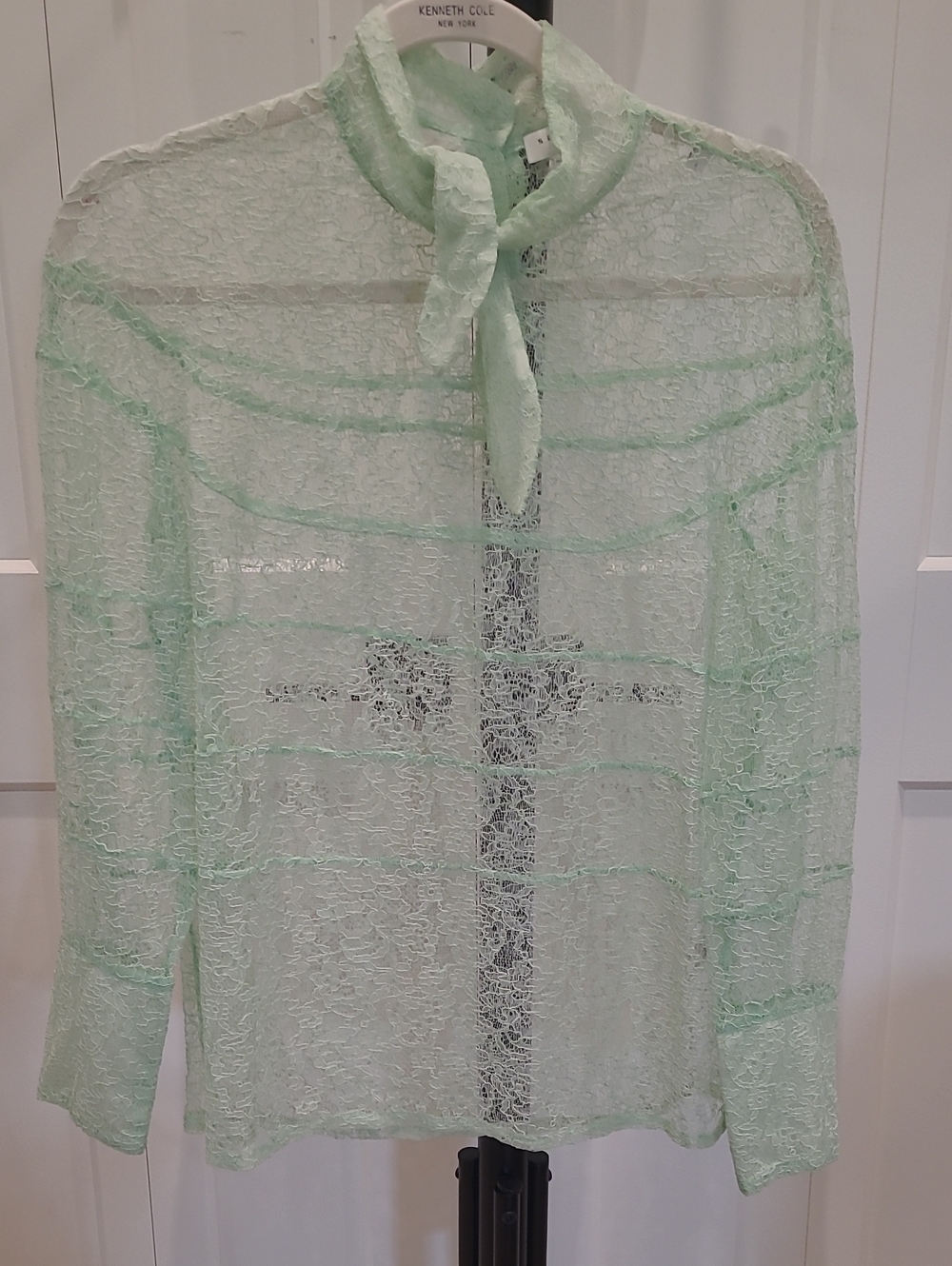 SANDRO Pale Mint Lace Tie-Neck Blouse